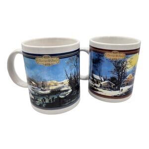 Vintage 1990 Currier & Ives Ceramic Coffee Mug Set, Country Winter Barn & Lake